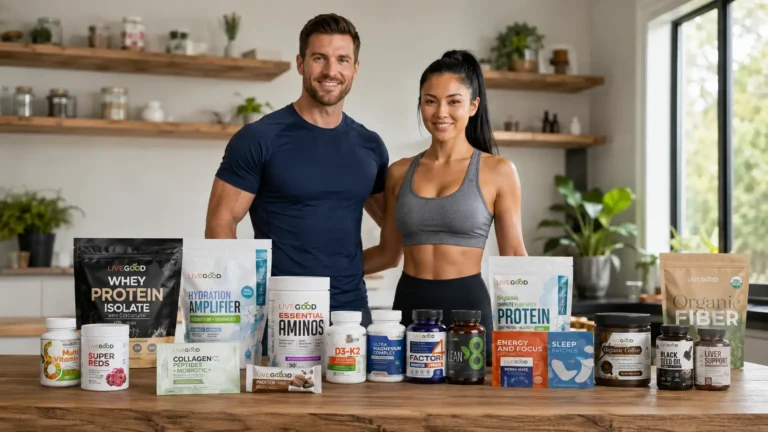 Présentation de la gamme LiveGood 2026 avec compléments alimentaires, protéines, vitamines et produits bien-être.
