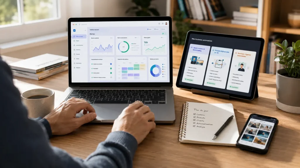 Création de business automatisés avec l’IA : contenus digitaux, automatisations et tableaux de bord pour développer des revenus en ligne.