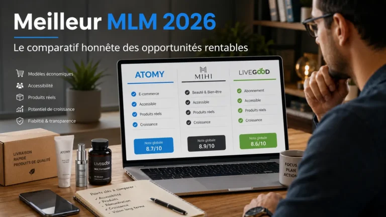 Comparatif professionnel des meilleures opportunités MLM 2026 avec Atomy, Mihi et LiveGood sur un tableau d’analyse digital.